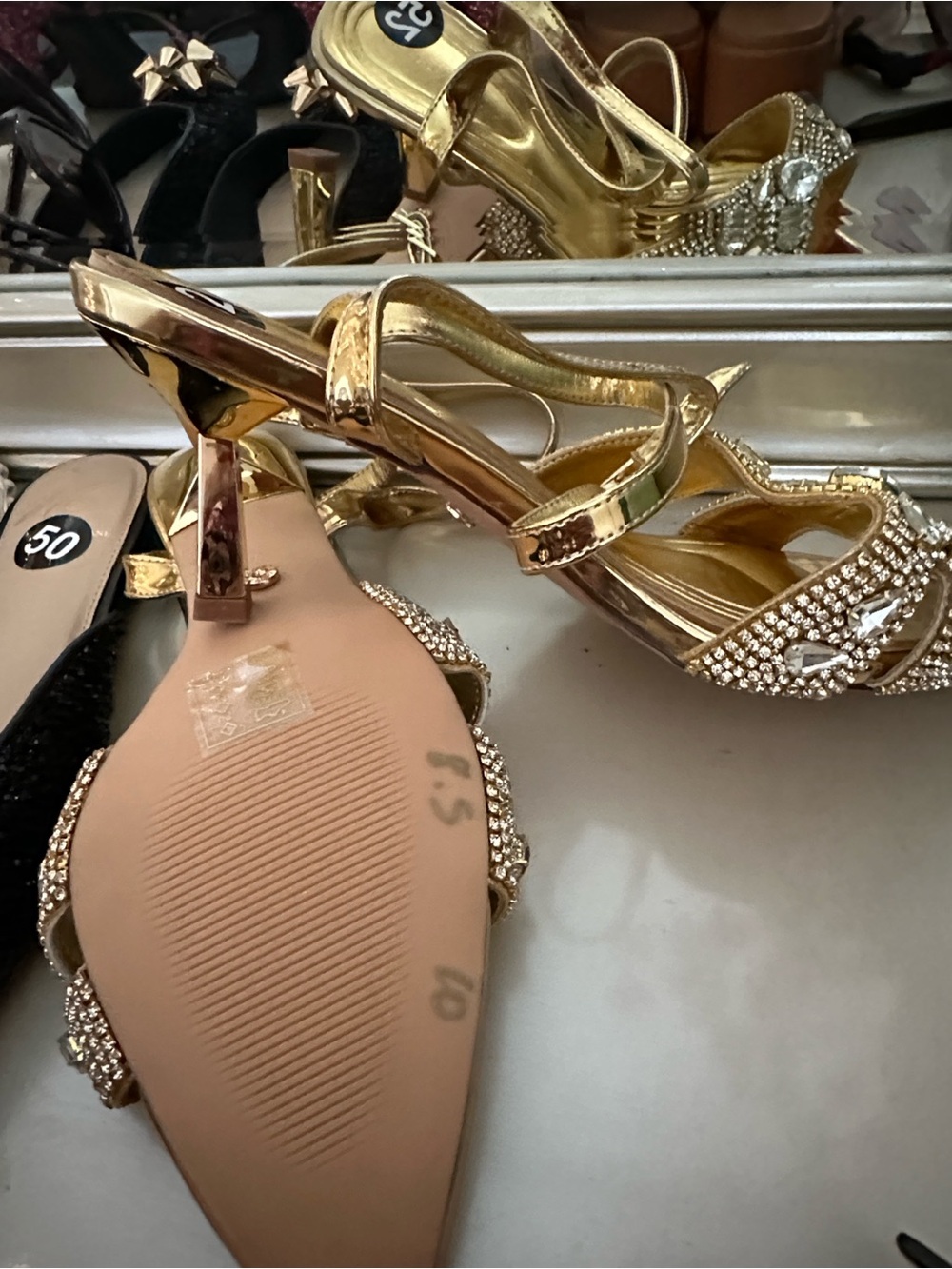 Gold Rhinestone Slingback Heels - Women's Elegant Evening Sandals
